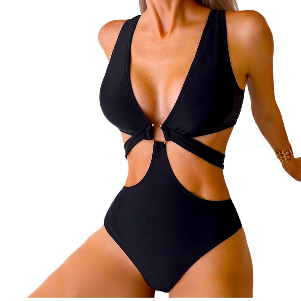 Deep V Neck One Piece Swimsuit O-Ring Swimwear Cut Out Bathing Suit NEW Black XL